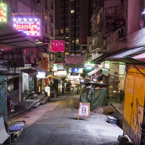 Hong Kong Soho, night, street lighting, Cage Street, Peel Street, Elgin Street, Hollywood Road, PMQ