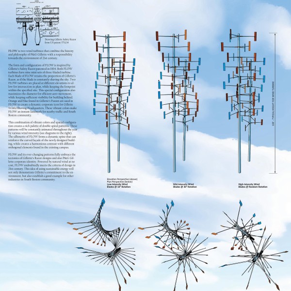 Wind turbine, flow, sculpture, green, sustainable, razor, gillete, boston, competition, winner, product, design, architecture, spiral, twisted, avoid obvious