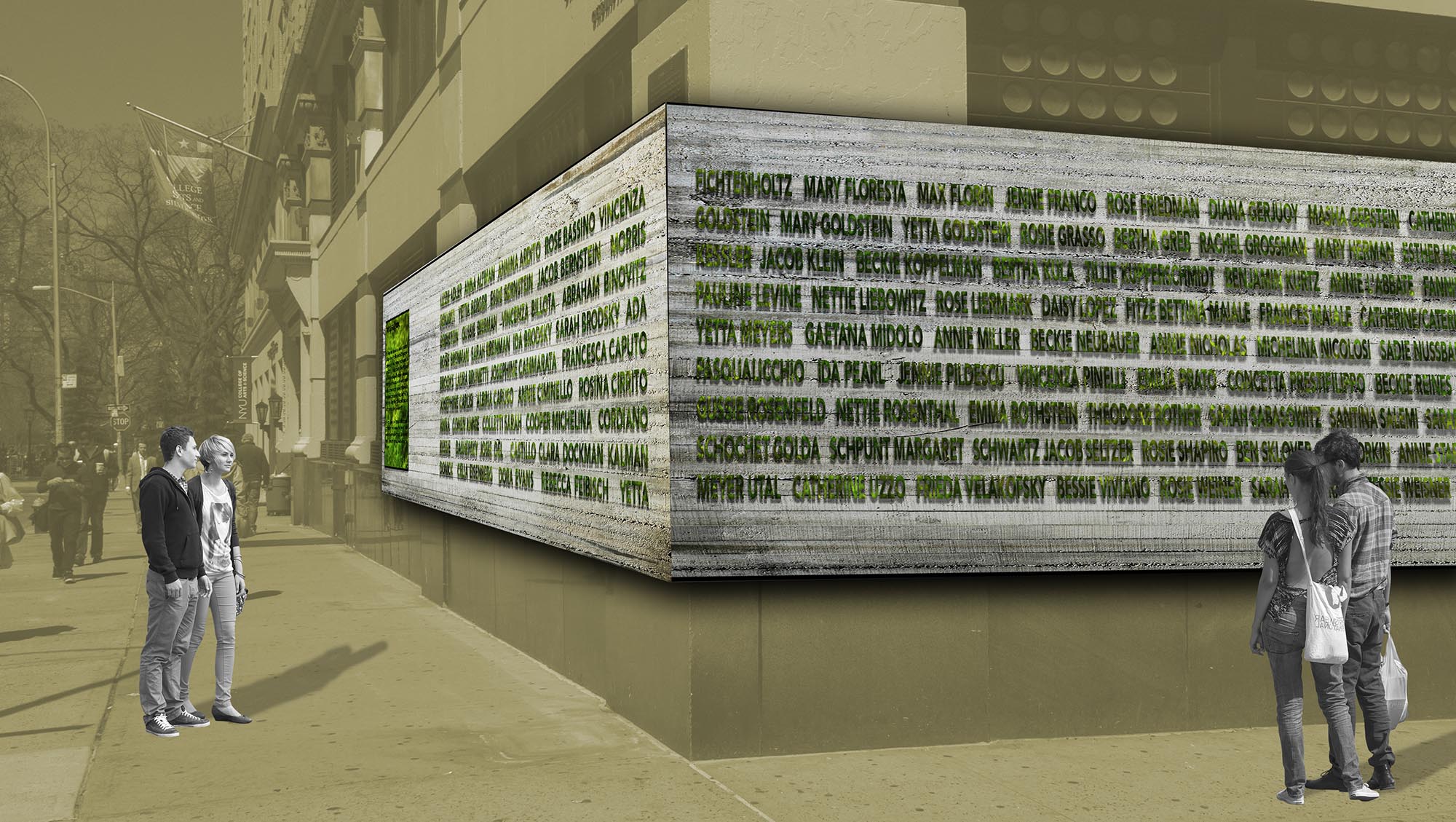 greenwall, green, vertical, planting, platns, moss, text, 3d, greenscape, landscape, triangle fire, boardway, NYU, brown building, avoid obvious