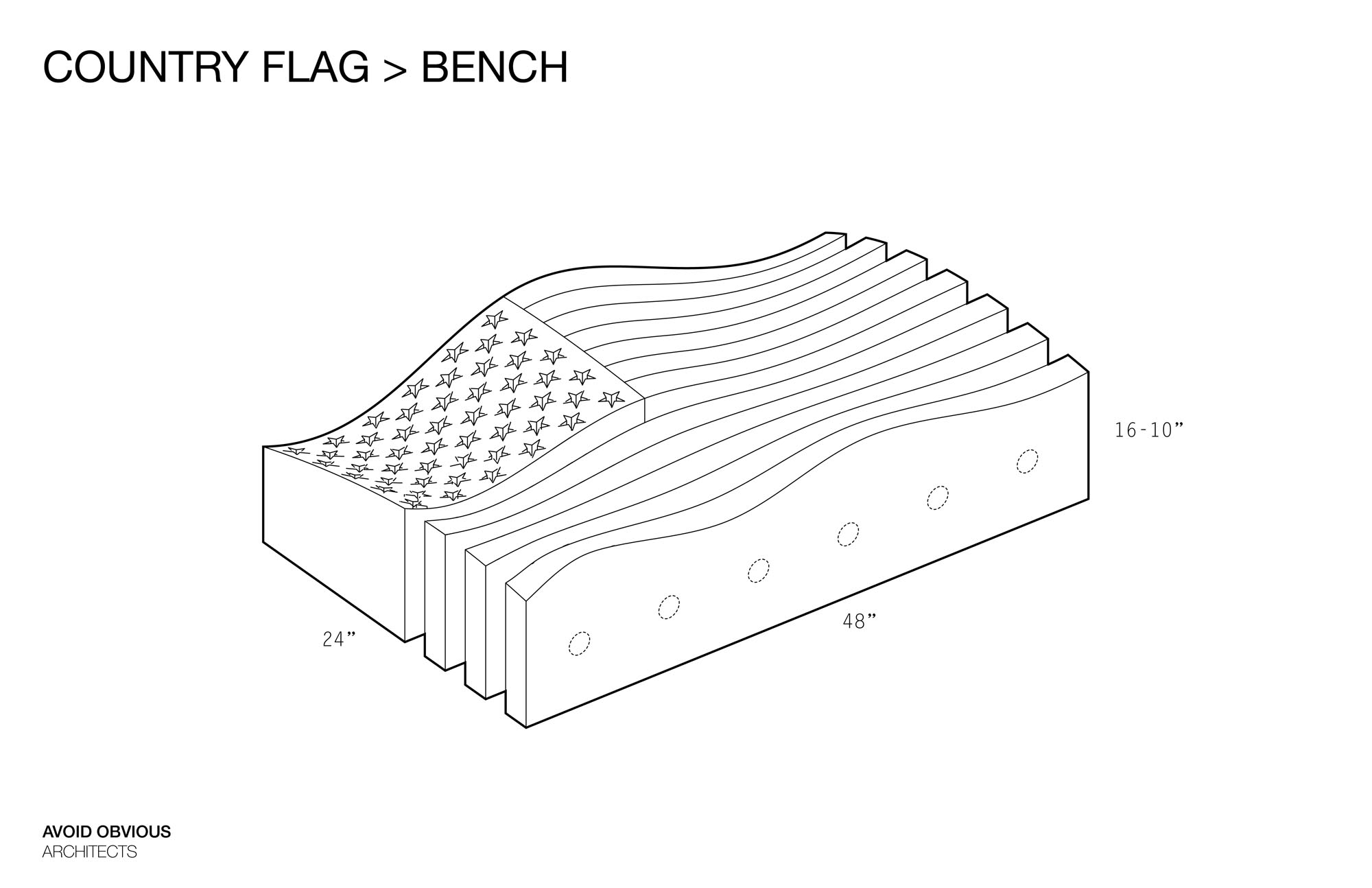 Flags, International, Avoid Obvious, UN, United Nations, Olypmics, Plaza, Benches, 2d, 3d, wood, wave, sustainable, architecture, furniture