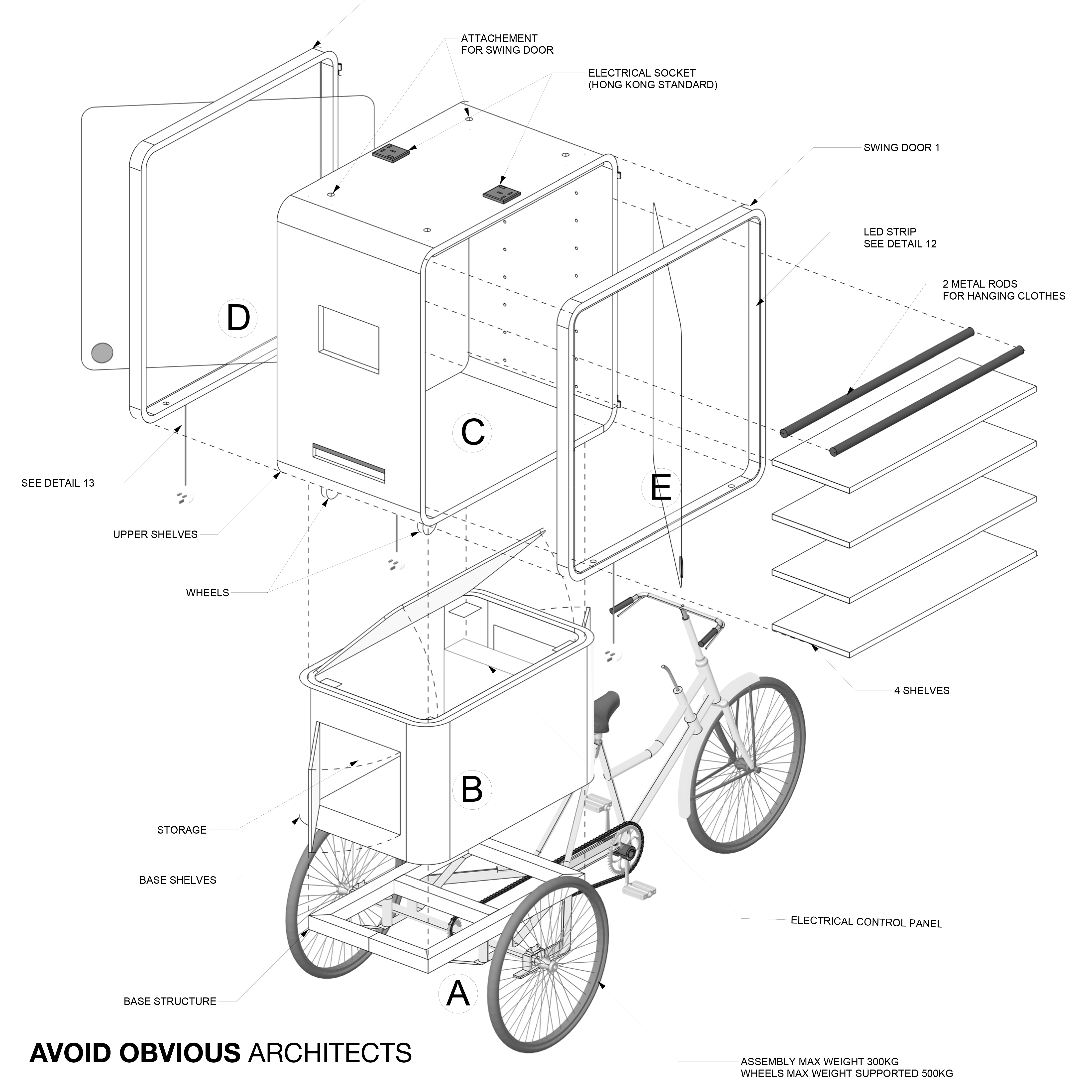 storefront, mobile shop, tricycle, avoid obvious, retail, design, architecture, bike, bicycle, flexible, configurable, multiple configurations, detachable, assembly, kit of parts