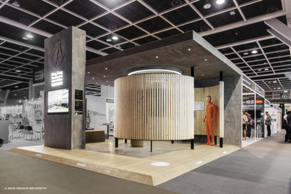 HKAC, avoid obvious, architects, aoa,, vicky chan, designer, wood, mobile, booth, exhibition, construction safety, hong kong, Construction association, Convention, wood fin, concrete, 100 years old